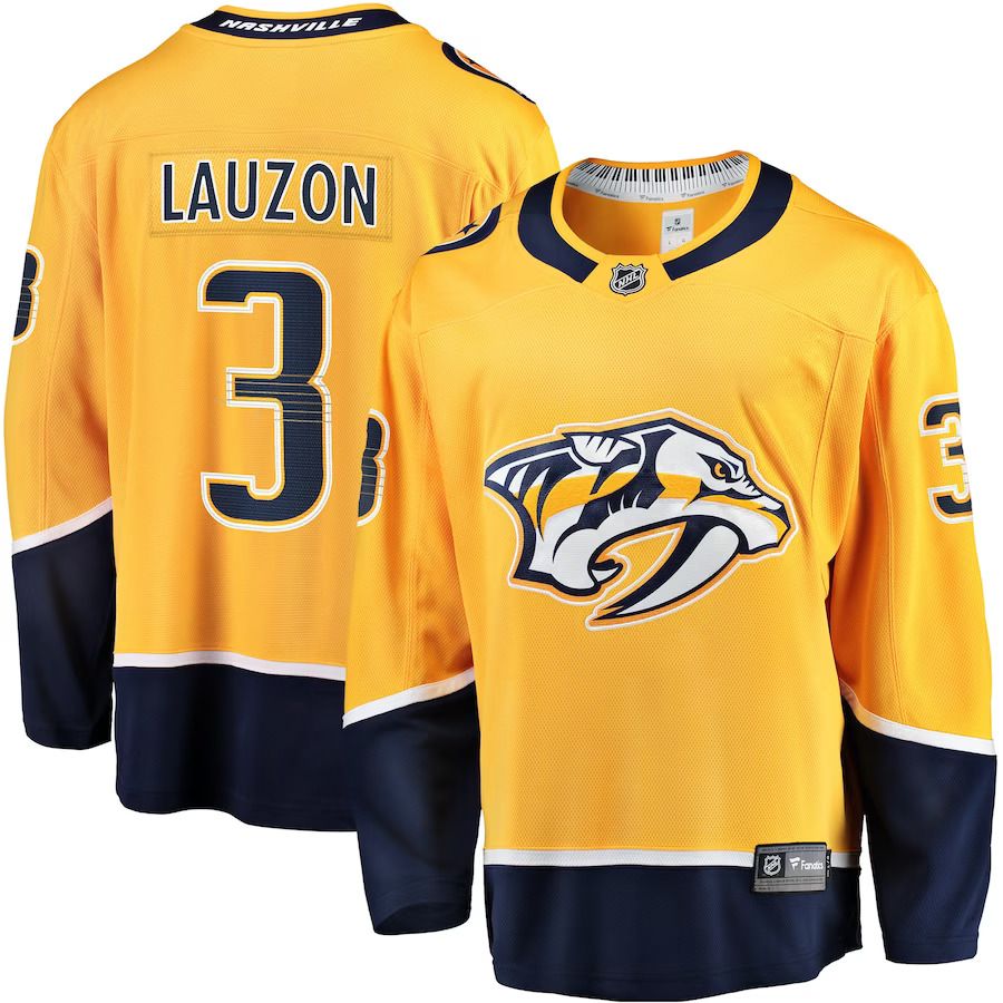 Men Nashville Predators #3 Jeremy Lauzon Fanatics Branded Gold Home Breakaway Player NHL Jersey